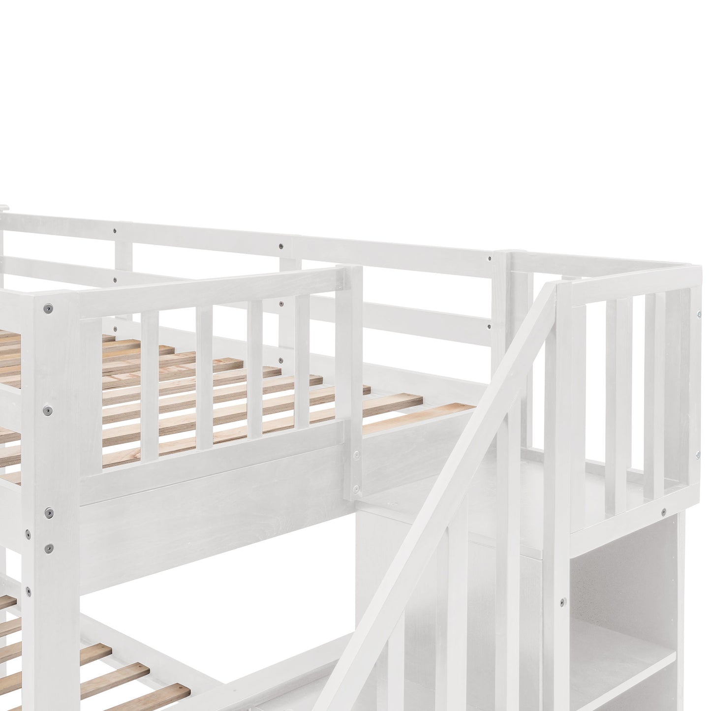 Twin Over Full Stairway Bunk Bed With Drawer, Storage And Guard Rail For Bedroom - White