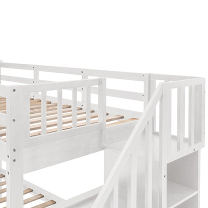 Twin Over Full Stairway Bunk Bed With Drawer, Storage And Guard Rail For Bedroom - White