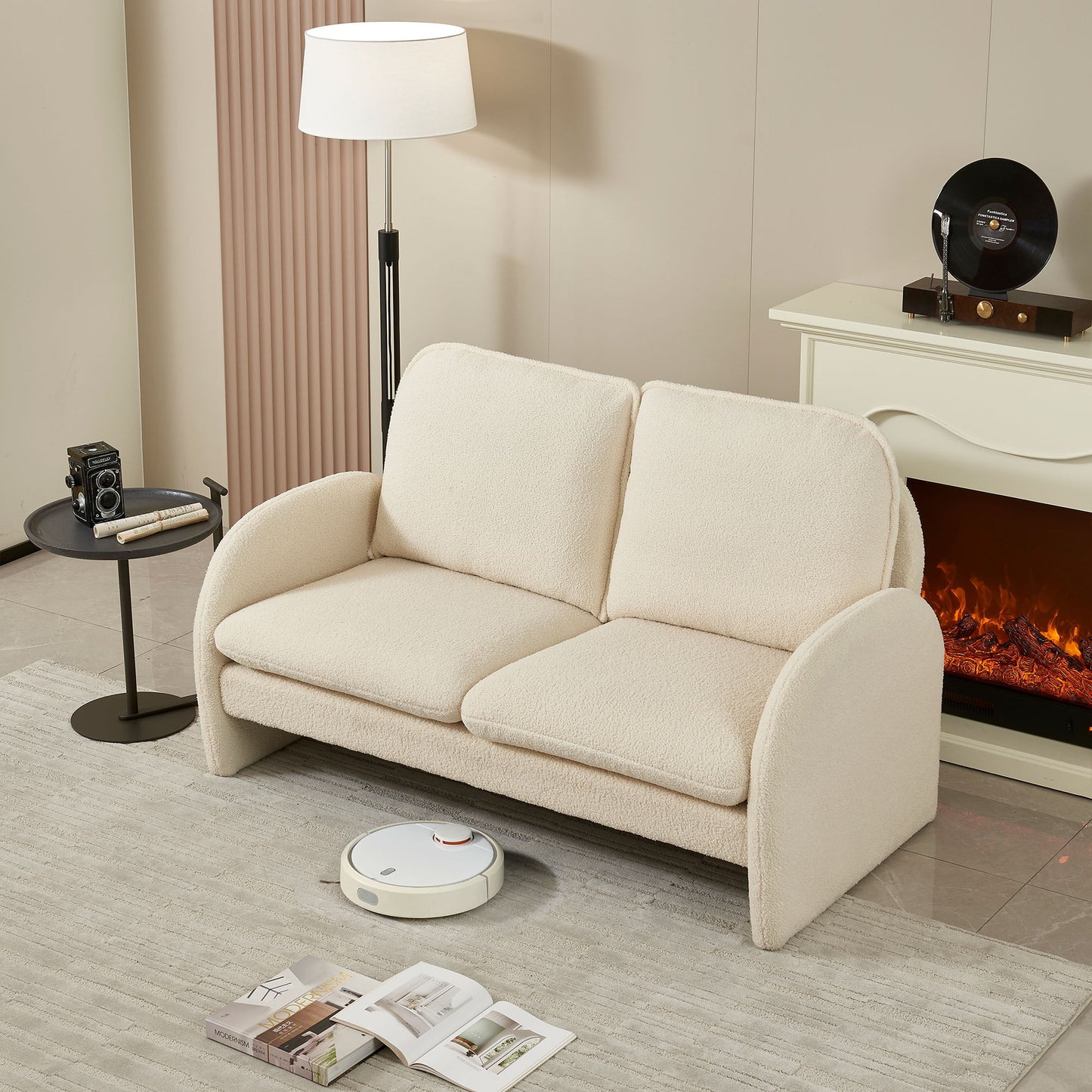 Loveseat Sofa Small Couch For Living Room, Sherpa Fabric Upholstered Loveseat Sofa Couch, Small Loveseat Sofa For Apartment, Bedroom - Beige