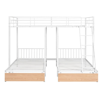 Full Over Twin & Twin Bunk Bed, Triple Bunk Bed With Drawers And Guardrails - White