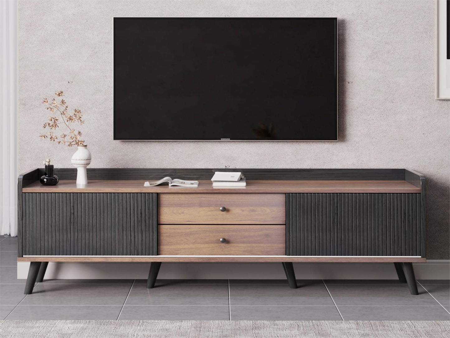 Mid Century TV Stand With 2 Cabinets & Open Compartments, Entertainment Center For Tvs Up To 70'', Television Console For Living Room - Dark Coffee / Black