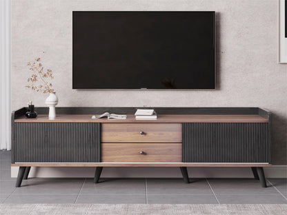 Mid Century TV Stand With 2 Cabinets & Open Compartments, Entertainment Center For Tvs Up To 70'', Television Console For Living Room - Dark Coffee / Black