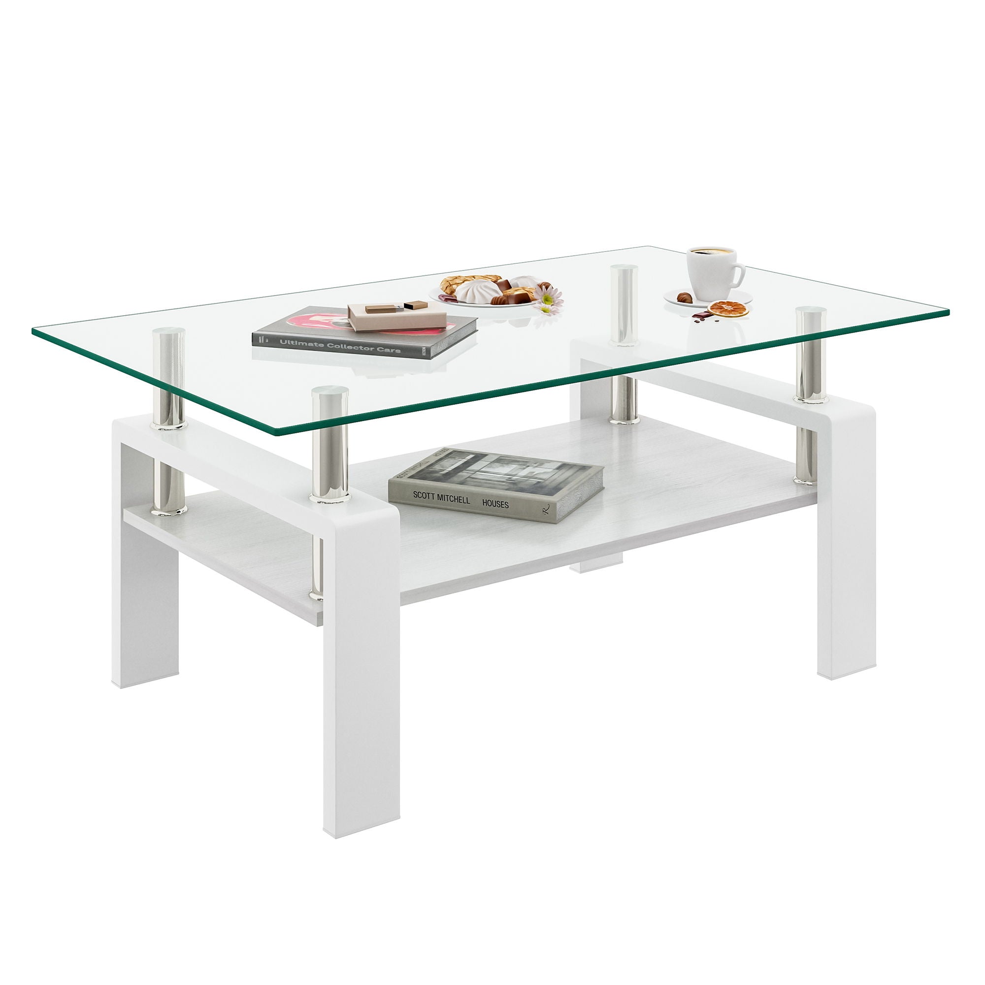 Modern Rectangular Coffee Table & Tempered Glass Top Layer, Table For Living Room - Transparent