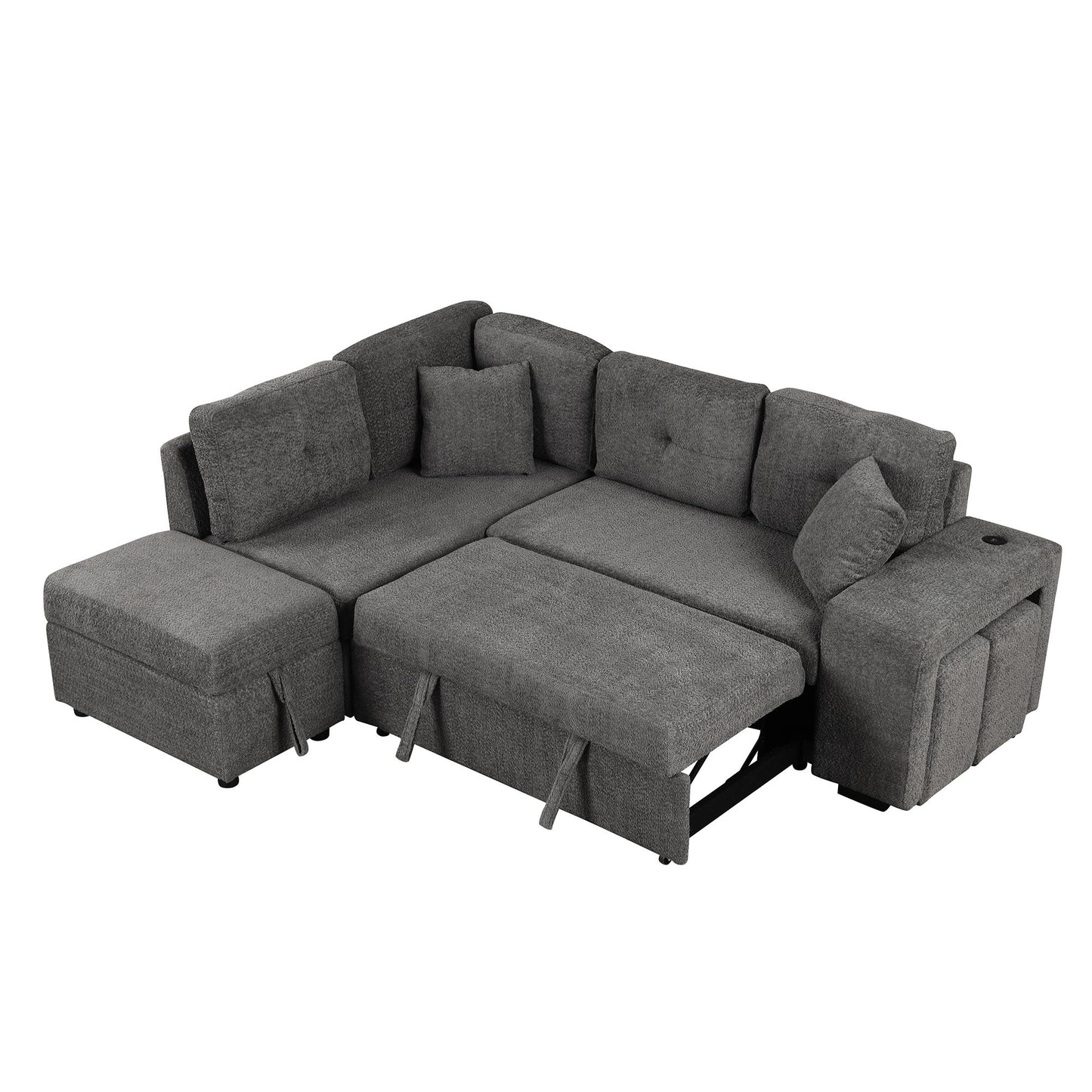 Convertible Sleeper, Sectional Pull Out Sofa Bed With Storage Ottoman, 2 Throw Pillows, 2 Stools, Wireless Charger And Two Hidden USB Ports For Living Room - Dark Gray
