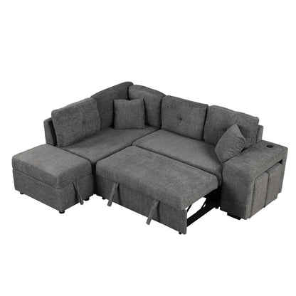 Convertible Sleeper, Sectional Pull Out Sofa Bed With Storage Ottoman, 2 Throw Pillows, 2 Stools, Wireless Charger And Two Hidden USB Ports For Living Room - Dark Gray