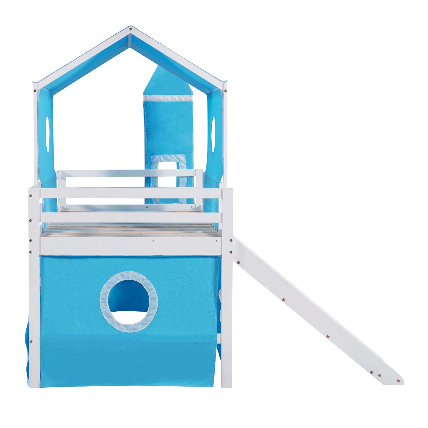 Twin Size Loft Bed With Slide Blue Tent And Tower - Blue