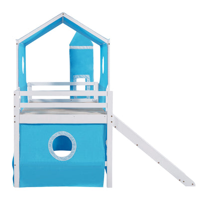 Twin Size Loft Bed With Slide Blue Tent And Tower - Blue