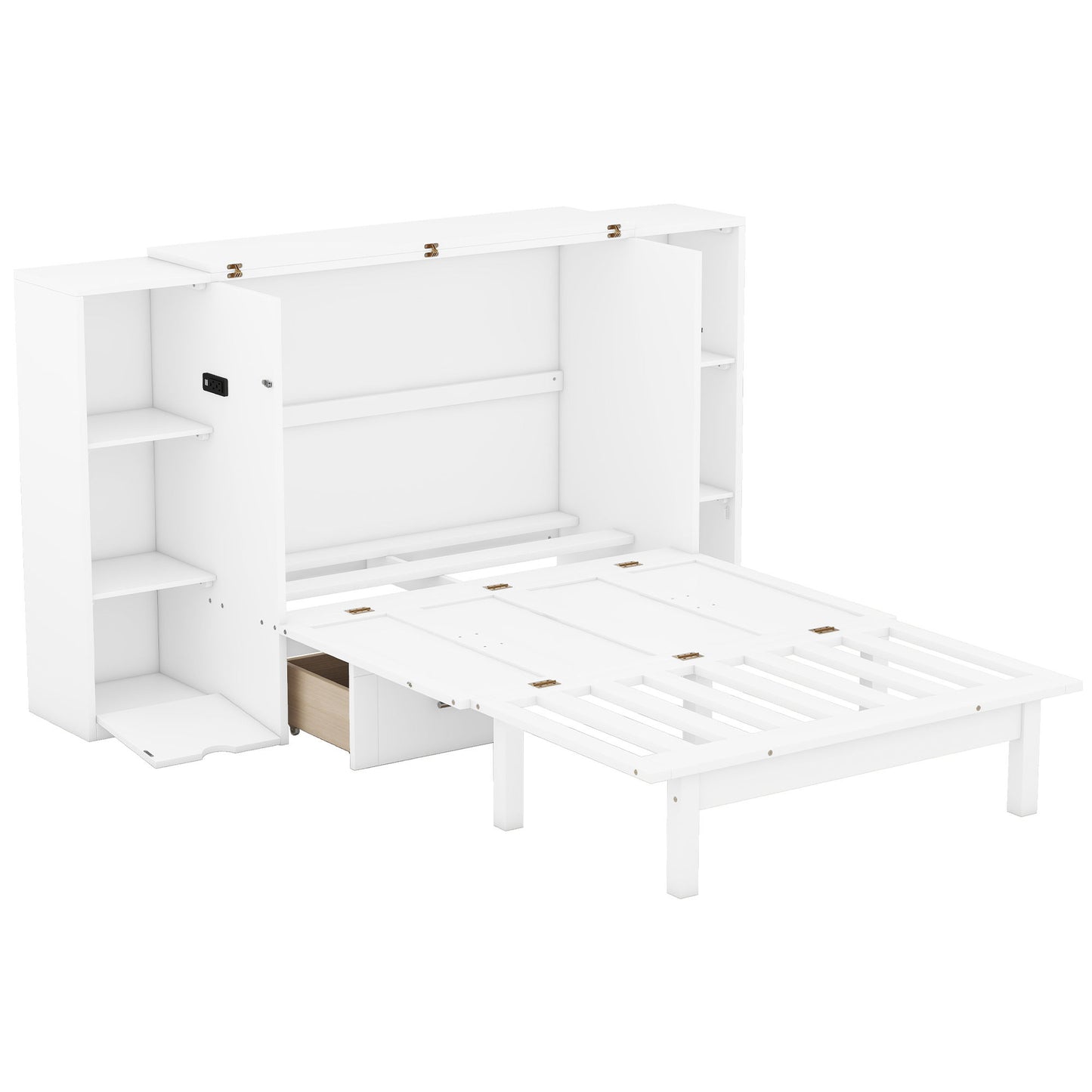 Queen Size Murphy Bed With Shelves, Drawers And USB Ports - White