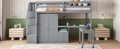 Twin Size Loft Bed With Stairs, Bookshelf, Drawers, Desk & Wardrobe, Space Saving Multifunctional Furniture - Gray