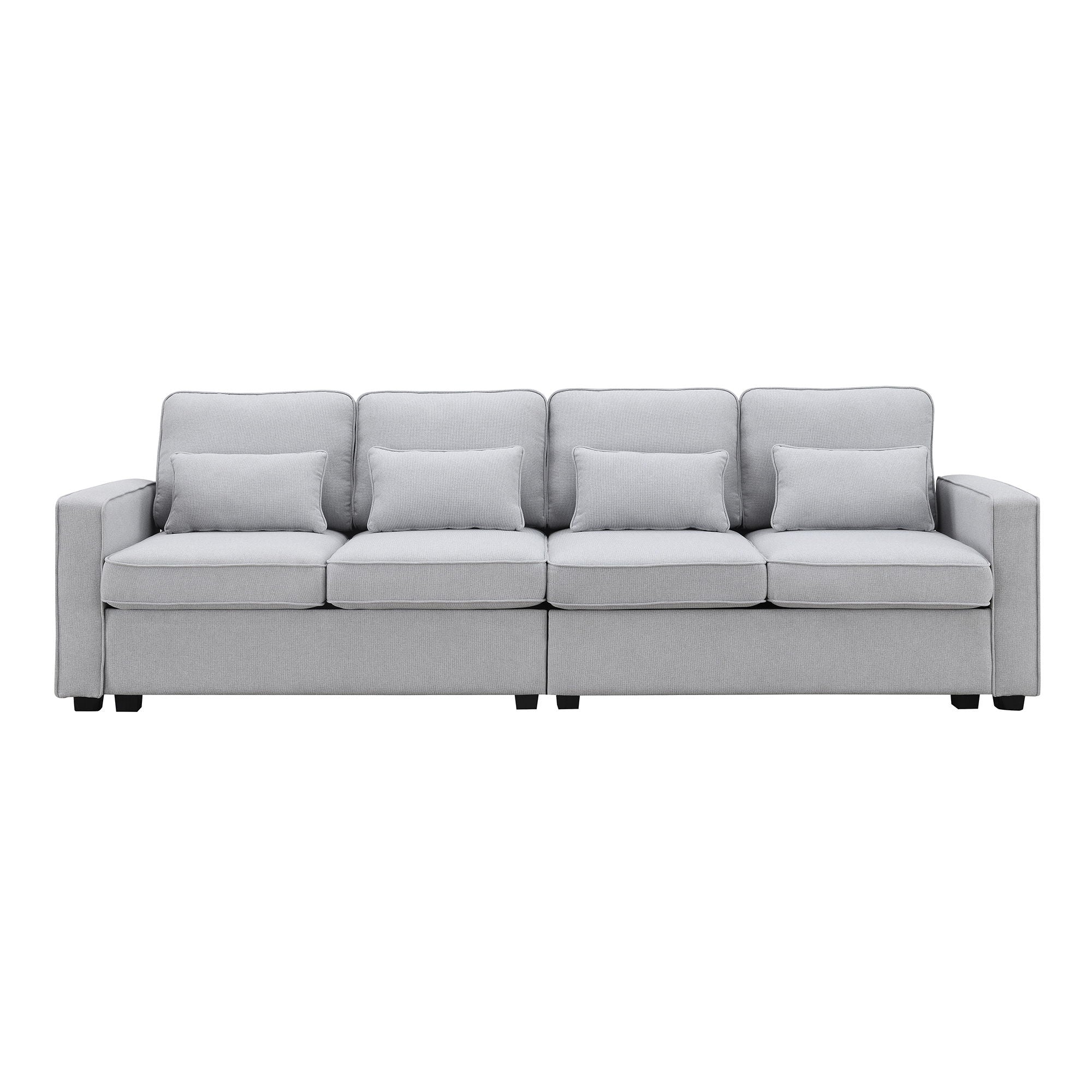 4 Seater Modern Linen Sofa With Armrest Pockets And 4 Pillows, Minimalist Style Couch - Light Gray