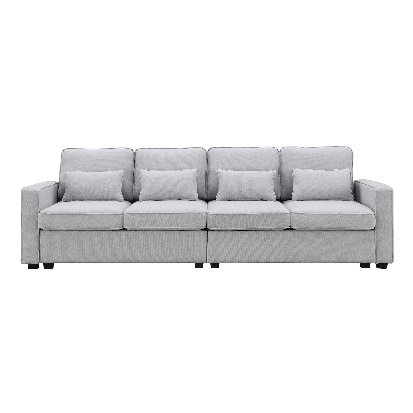 4 Seater Modern Linen Sofa With Armrest Pockets And 4 Pillows, Minimalist Style Couch - Light Gray