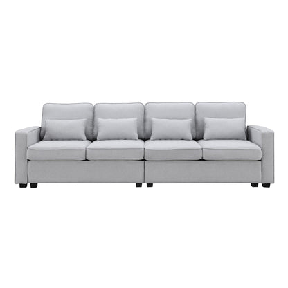 4 Seater Modern Linen Sofa With Armrest Pockets And 4 Pillows, Minimalist Style Couch - Light Gray