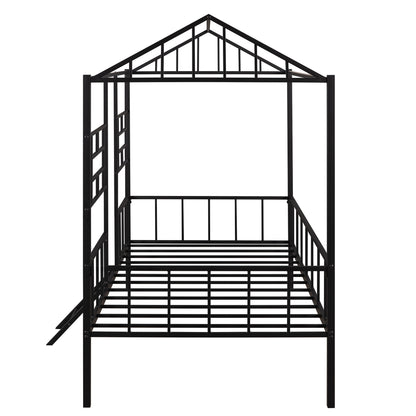 House Bed Frame Twin Size With Slatted Support No Box Spring Needed - Black