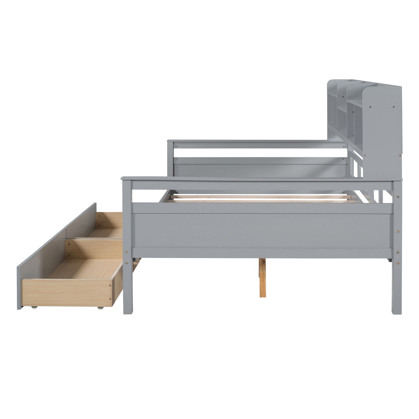 Full Size Daybed, Slat Support, With Bedside Shelf And 2 Drawers - Gray