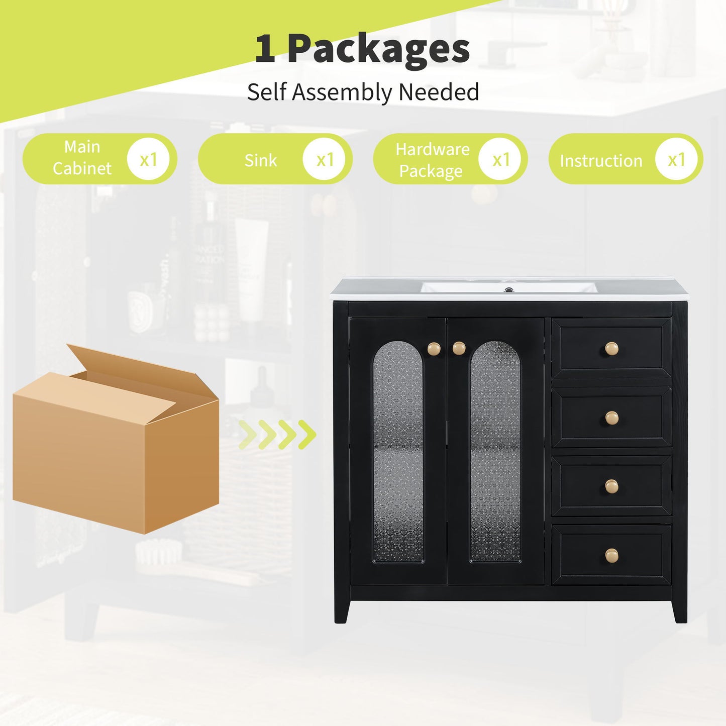 Bathroom Vanity With Two Soft Close Doors, Adjustable Shelves And Three Drawers - Black