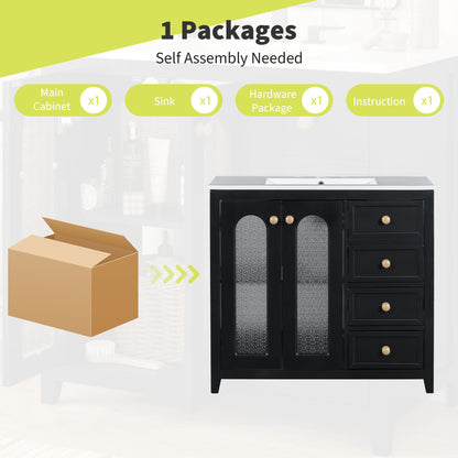 Bathroom Vanity With Two Soft Close Doors, Adjustable Shelves And Three Drawers - Black