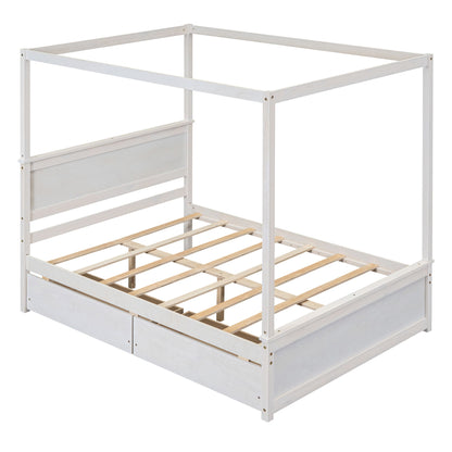 Full Size Canopy Platform Bed 2 Drawers With Support Slats, No Box Spring Needed - Brushed White