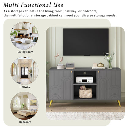 Modern TV Stand For TVs Up To 55", Entertainment Center Media Console, Adjustable Shelf, Metal Legs, Handles And Anti-Tip Device For Living Room - Gray