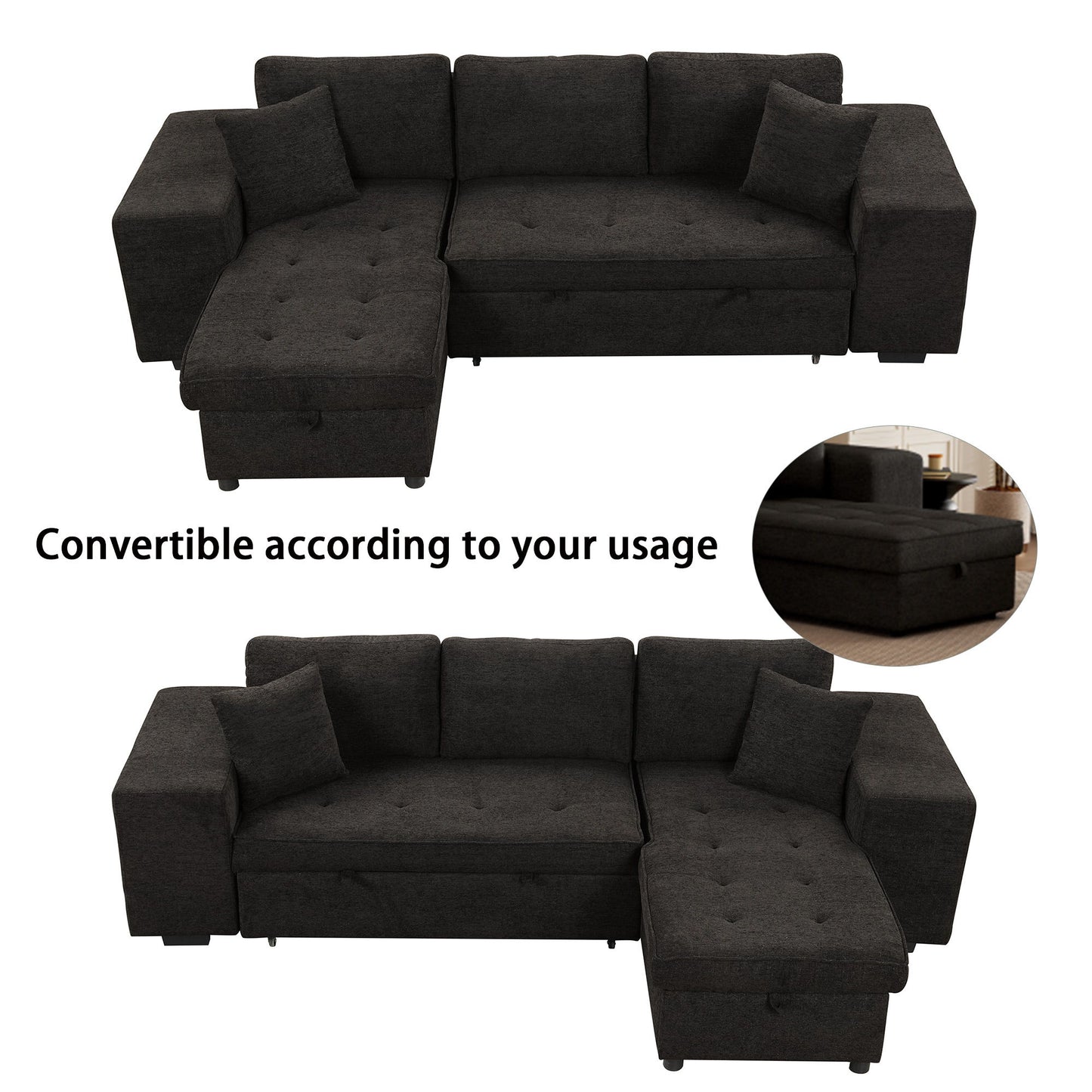 Modern L-Shape 3 Seat Reversible Sectional Couch, Pull Out Sleeper Sofa With Storage Chaise And 2 Stools For Living Room Furniture Set - Charcoal Gray