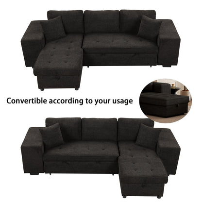 Modern L-Shape 3 Seat Reversible Sectional Couch, Pull Out Sleeper Sofa With Storage Chaise And 2 Stools For Living Room Furniture Set - Charcoal Gray