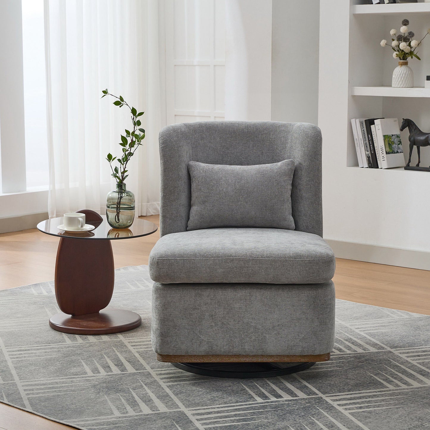 Modern Cushioned Armless Metal Base 360 Degree Swivel Chair With Pillow, Suitable For Living Room, Family Room, Bedroom, Lounge Area, Office - Gray