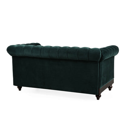 Chesterfield Velvet Loveseat Sofa 2 Person Rolled Arm Upholstered Couch - Forest Green