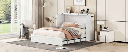 Queen Size Murphy Wall Bed With Drawer And A Set Of Sockets & USB Ports, Pulley Structure Design - White