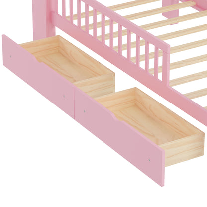 Twin Size Bed With Headboard Storage Rack, 2 Under Bed Drawers, 3 - Side Guardrails For Safety And Security - Pink