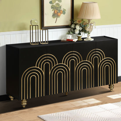 4 Door Cabinet Modern Fluted Sideboard Buffet With Storage, Curve Element With Strict Lines - Black