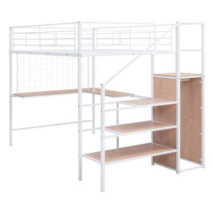 Full Size Loft Bed With Desk And Grid, Stylish Frame With Lateral Storage Ladder And Wardrobe - White