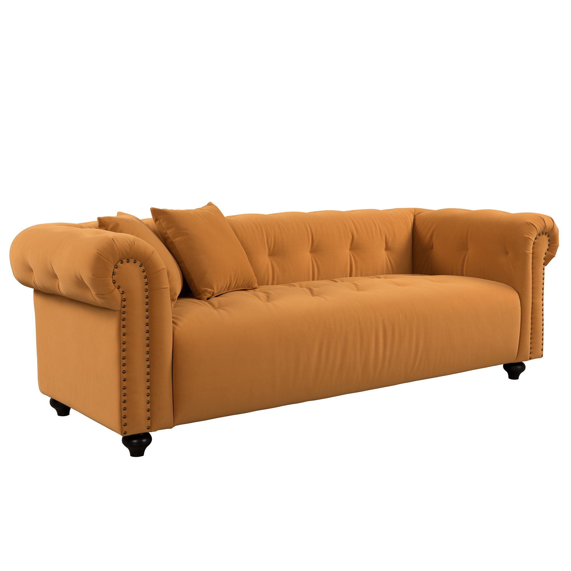 Retro Medieval Style Sofa With Roll Arms And Throw Pillows - Orange