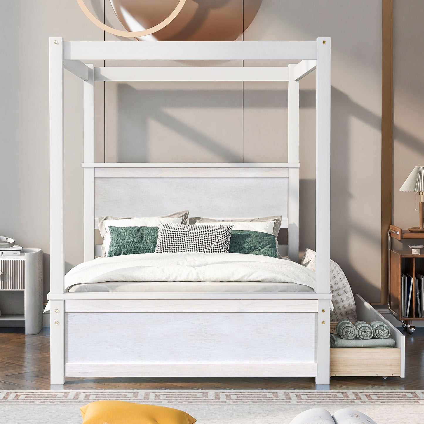Full Size Canopy Platform Bed 2 Drawers With Support Slats, No Box Spring Needed - Brushed White