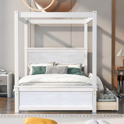 Full Size Canopy Platform Bed 2 Drawers With Support Slats, No Box Spring Needed - Brushed White