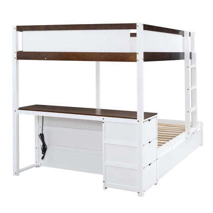Full Over Full Bunk Bed With Twin Size Trundle, Storage And Desk - White / Walnut