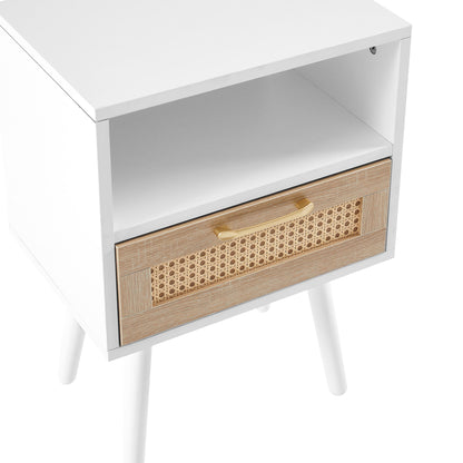 15.75" Rattan End Table With Drawer And Solid Wood Legs, Modern Nightstand, Side Table For Living Room, Bedroom - White