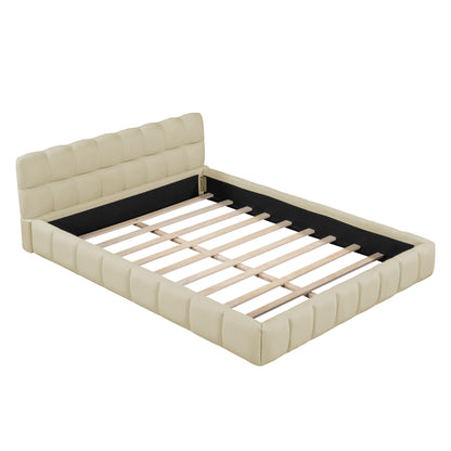 Queen Size Upholstered Platform Bed With Thick, Grounded Bed With Solid Frame - Beige