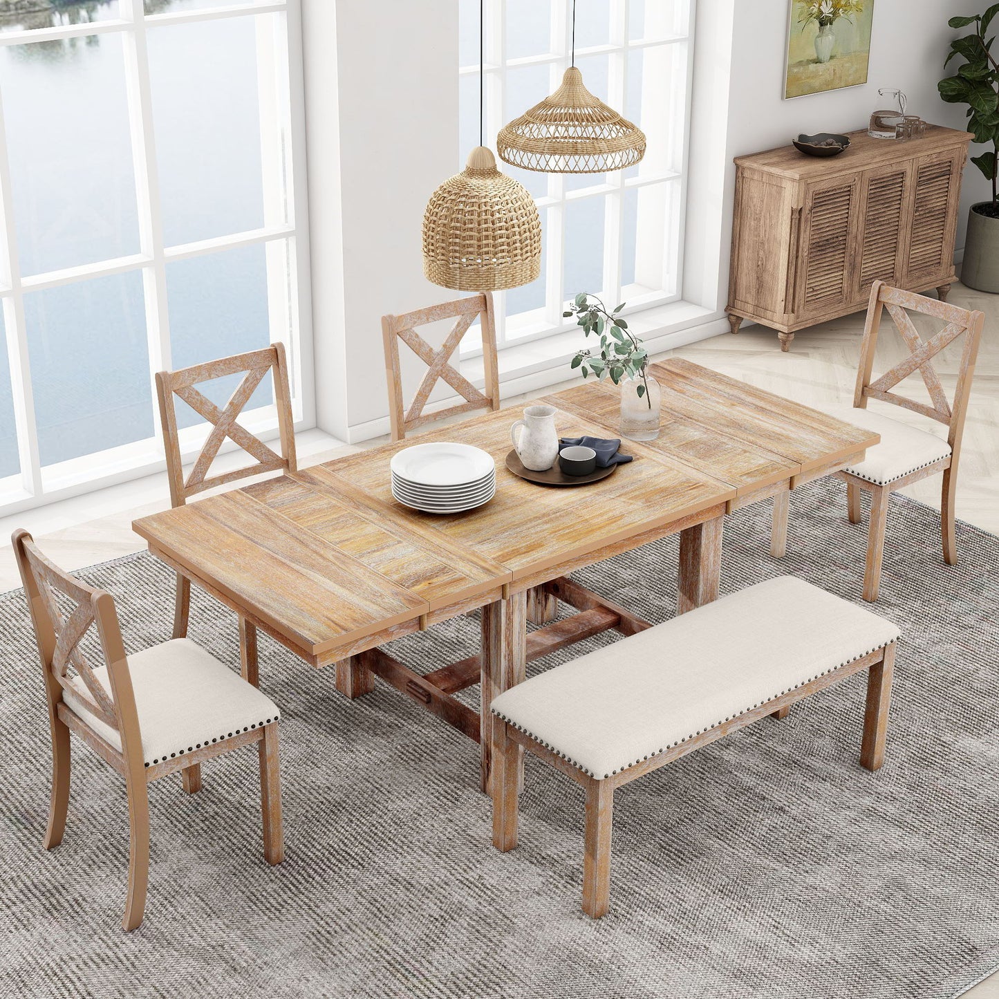 Topmax - 6 Piece Farmhouse Extendable Dining Table With Footrest, 4 Upholstered Dining Chairs And Dining Bench, Two 11" Removable Leaf - Natural / Beige