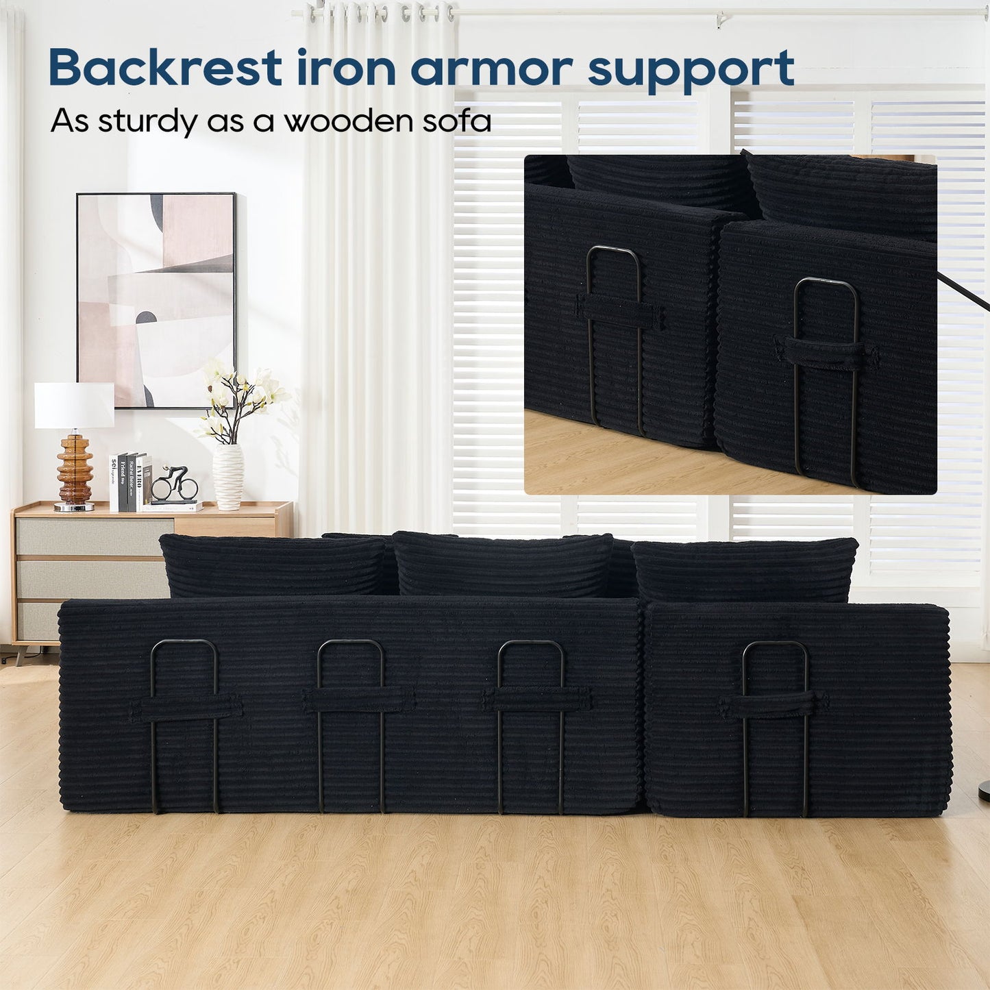 Modern L Shaped Sectional Couch With Memory Foam And Steel Frame - Black