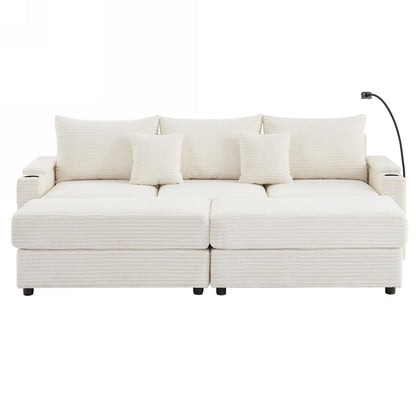 Modern Style 3 Seater Sofa Sectional Sofa Couch With Storage Space, Two Movable Ottomans, Two USB Ports, Two Cup Holders, A Phone Holder For Living Room - Beige