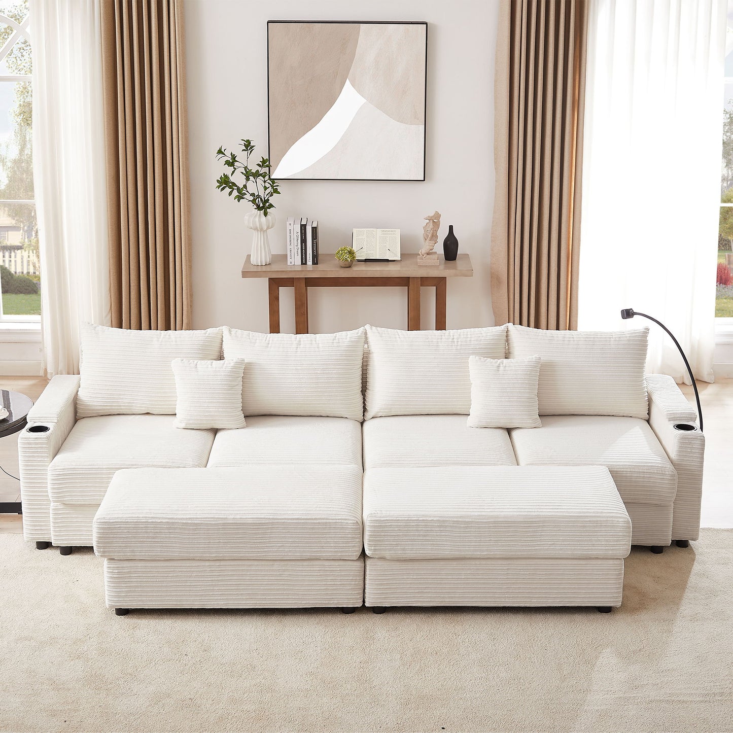 Modern Style 4 Seater Sofa Sectional Sofa Couch With Storage Space, Two Movable Ottomans, Two USB Ports, Two Cup Holders, A Phone Holder For Living Room - Beige