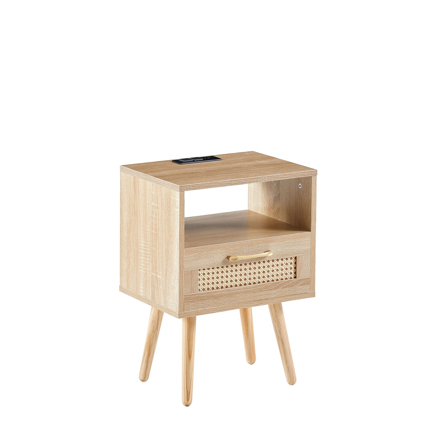 15.75" Rattan End Table With Power Outlet & USB Ports, Modern Nightstand With Drawer And Solid Wood Legs, Side Table For Living Room, Bedroom - Natural