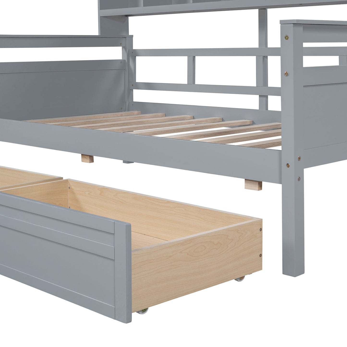 Twin Size Daybed, Slat Support, With Bedside Shelves And 2 Drawers - Gray