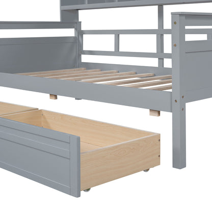 Twin Size Daybed, Slat Support, With Bedside Shelves And 2 Drawers - Gray