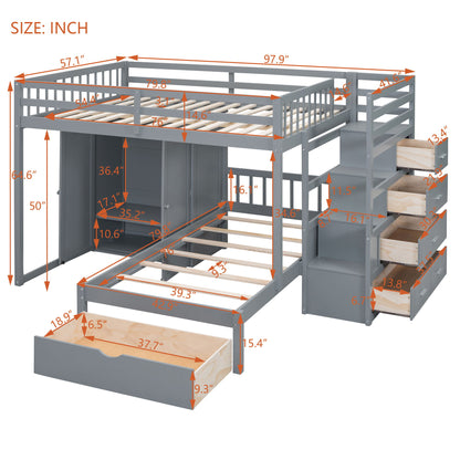 Full Over Twin Bunk Bed With Wardrobe, Drawers - Gray