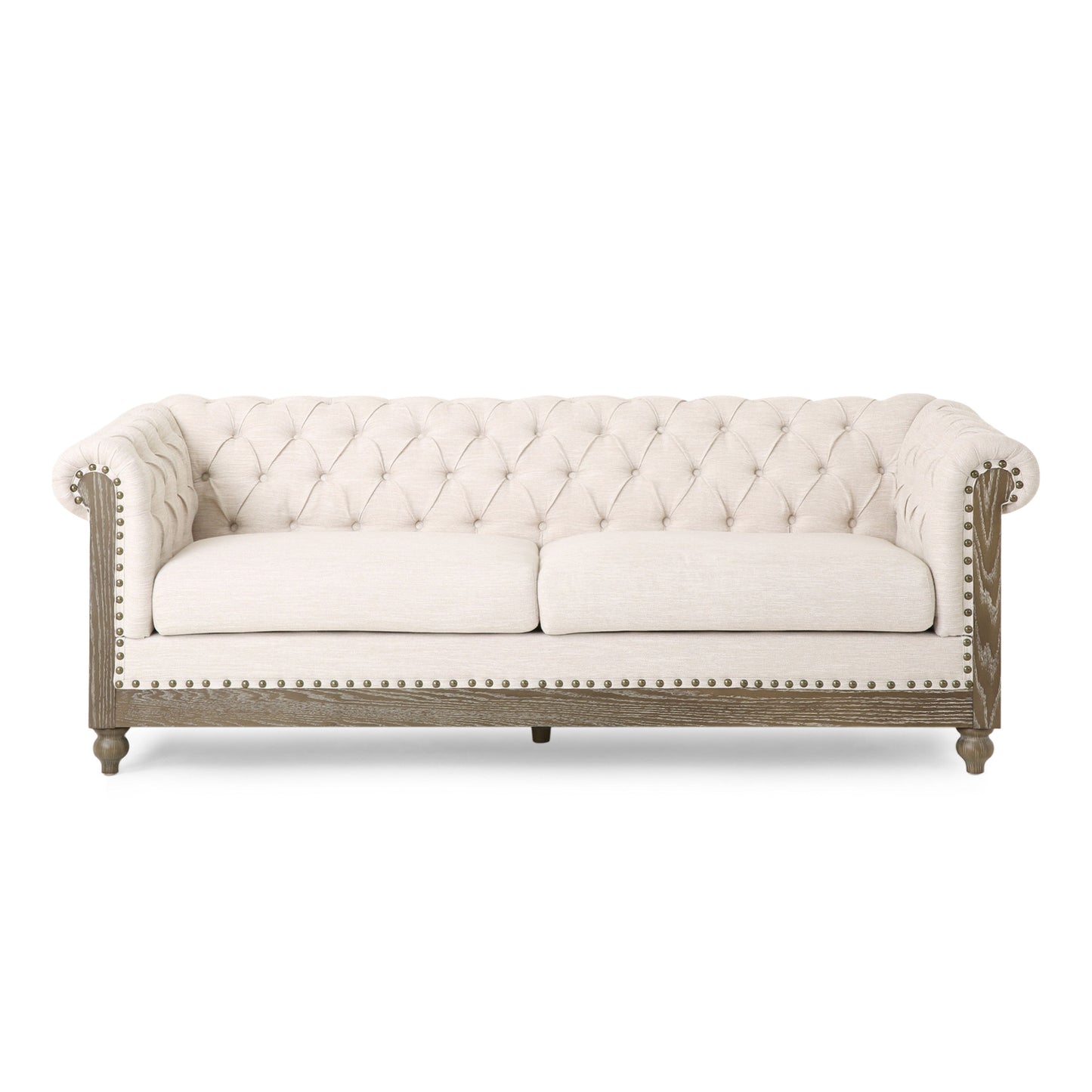Comfy 3 Seat Sofa With Wooden Legs, Retro Style For Living Room And Study - Beige