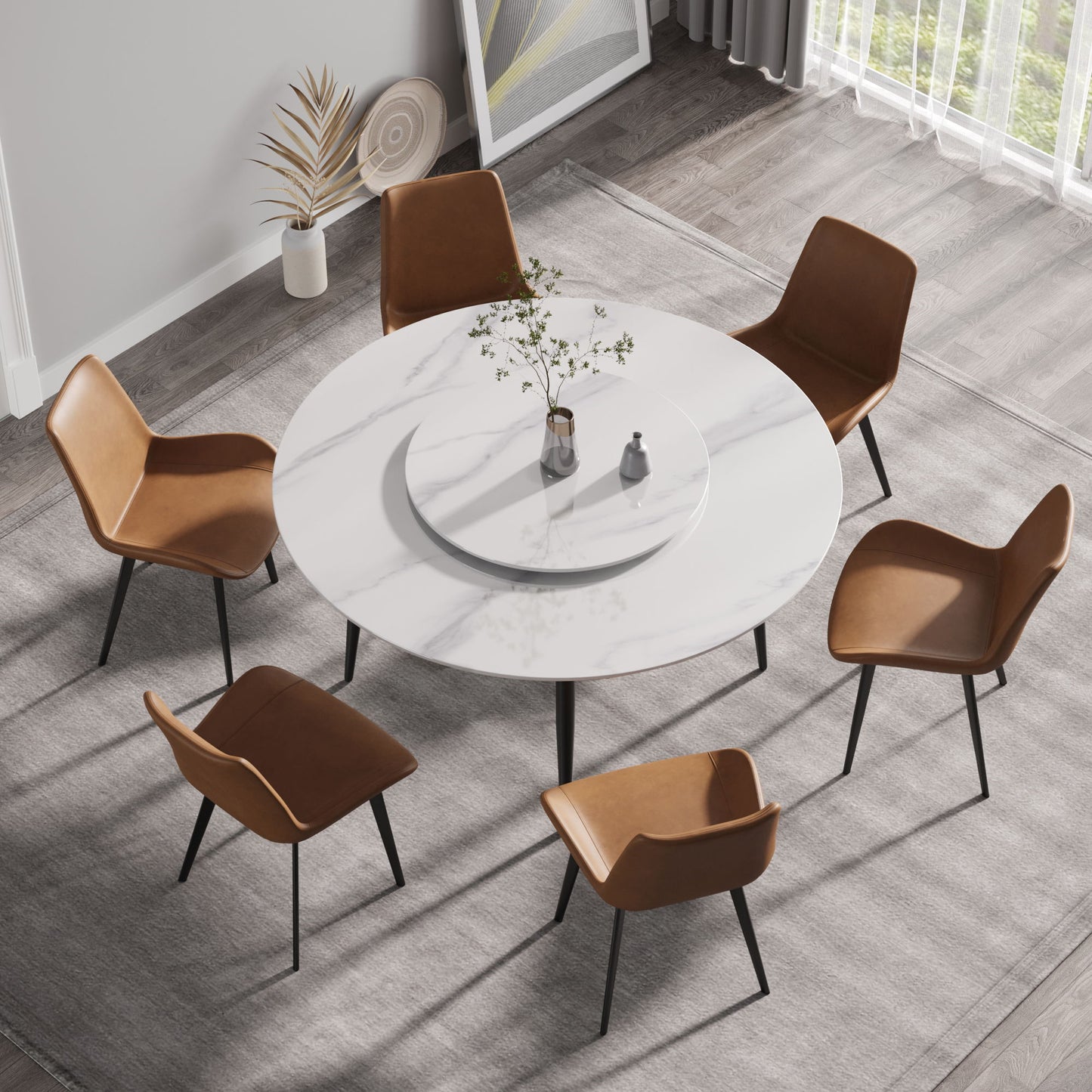 59.05" Modern Artificial Stone Round Metal Dining Table, Can Accommodate 6 People Artificial Stone Turntable - White / Black