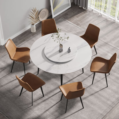 59.05" Modern Artificial Stone Round Metal Dining Table, Can Accommodate 6 People Artificial Stone Turntable - White / Black