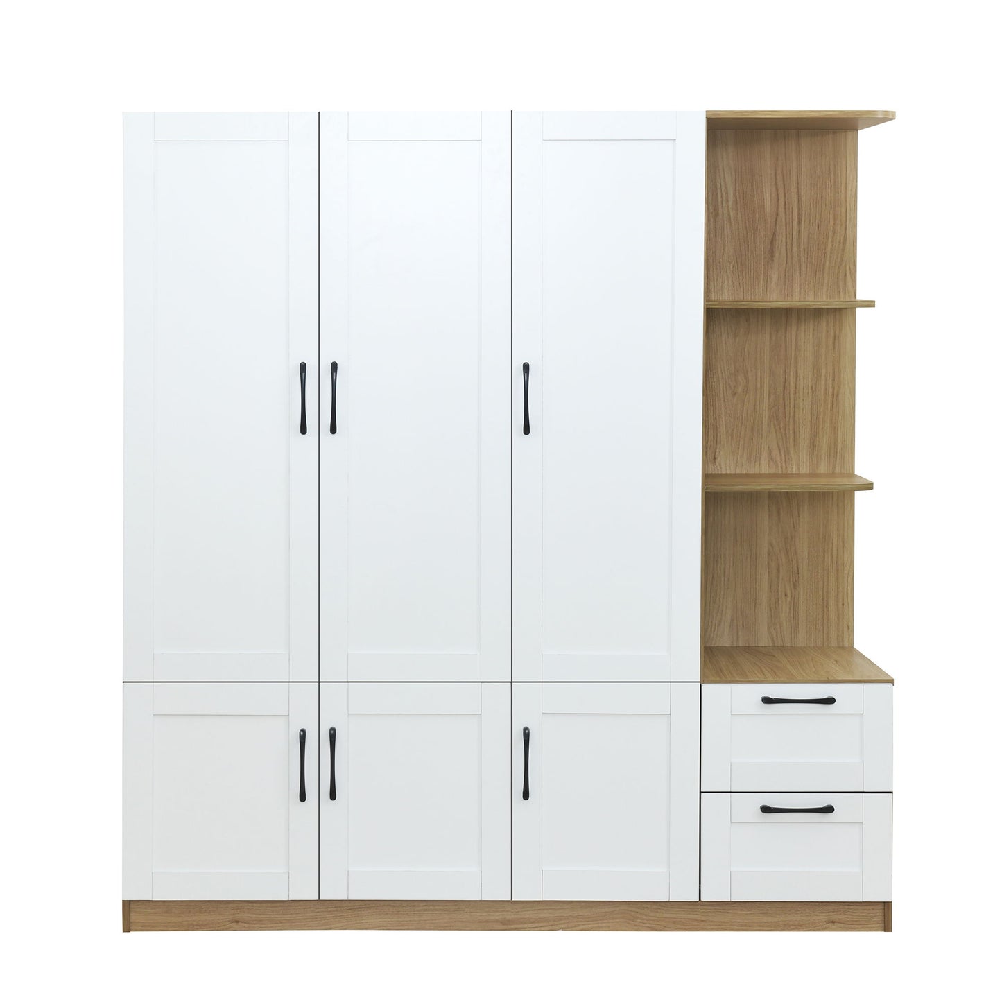 3 Door Storage Wardrobe For Dedroom With Shelves And 2 Drawers, Side Storage Shelves - White