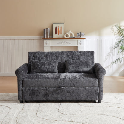 3 In 1 Loveseat Sofa Bed Chenille Fabric Pull Out Couch Sleeper Full Back Frame, Seat Frame, Armrests & 2 Pillows - Dark Gray