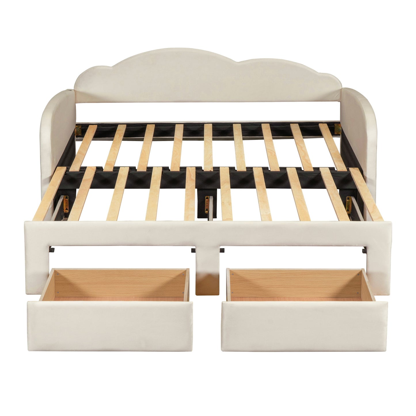 Twin Size Upholstered Daybed With Cloud-Shaped Backrest, Trundle & 2 Drawers And USB Ports - Beige